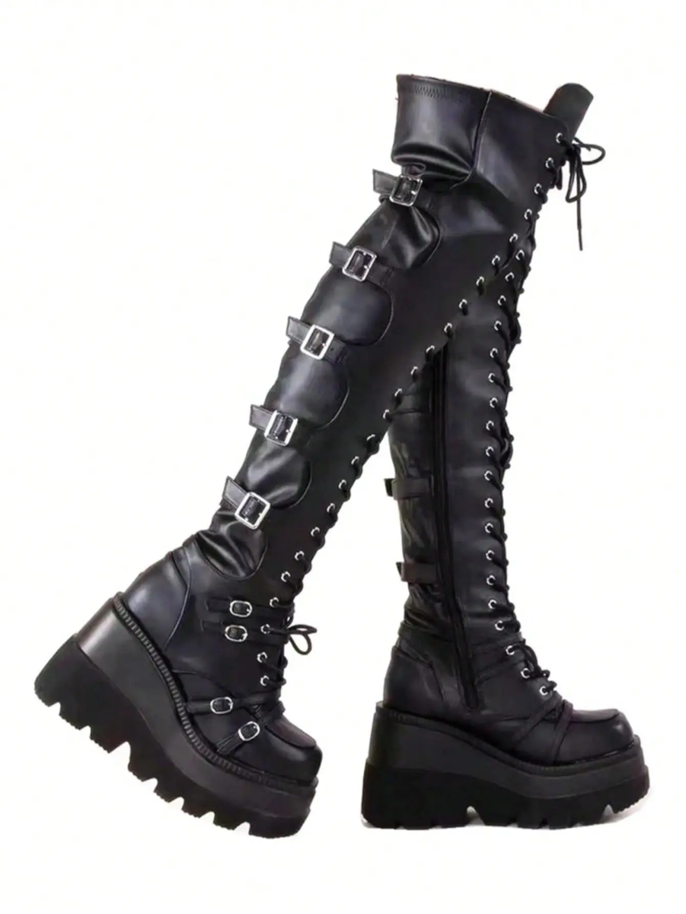 Women's Gothic Thigh-High Boots, Punk Platform Wedge in Stretch PU Leather with Lace-Up Buckles and Round Toe, Shoes, Walking Shoes, Alt Outfits, Alternative Style, Fabric, Breathable, Footwear, Soft, Chunky Shoes