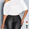 Elegant Casual Summer Women's Solid Color Breathable Fit T-Shirt, Asymmetrical Neck Short-Sleeve High-Waist Top, Daily Wear Top