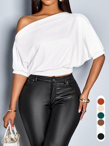 Elegant Summer Casual Women's Solid Color Breathable T-Shirt, Asymmetrical Neck Short Sleeve High Waist Top, Fashionable Ladies' Clothing