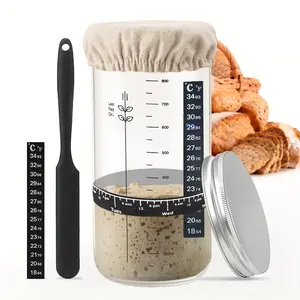 Acid Bread Starter Jar Set, 24oz Glass Jar with Scale, Feeding Strap, Thermometer, Scraper, Reusable Baking Supplies, Home Bakery Gift