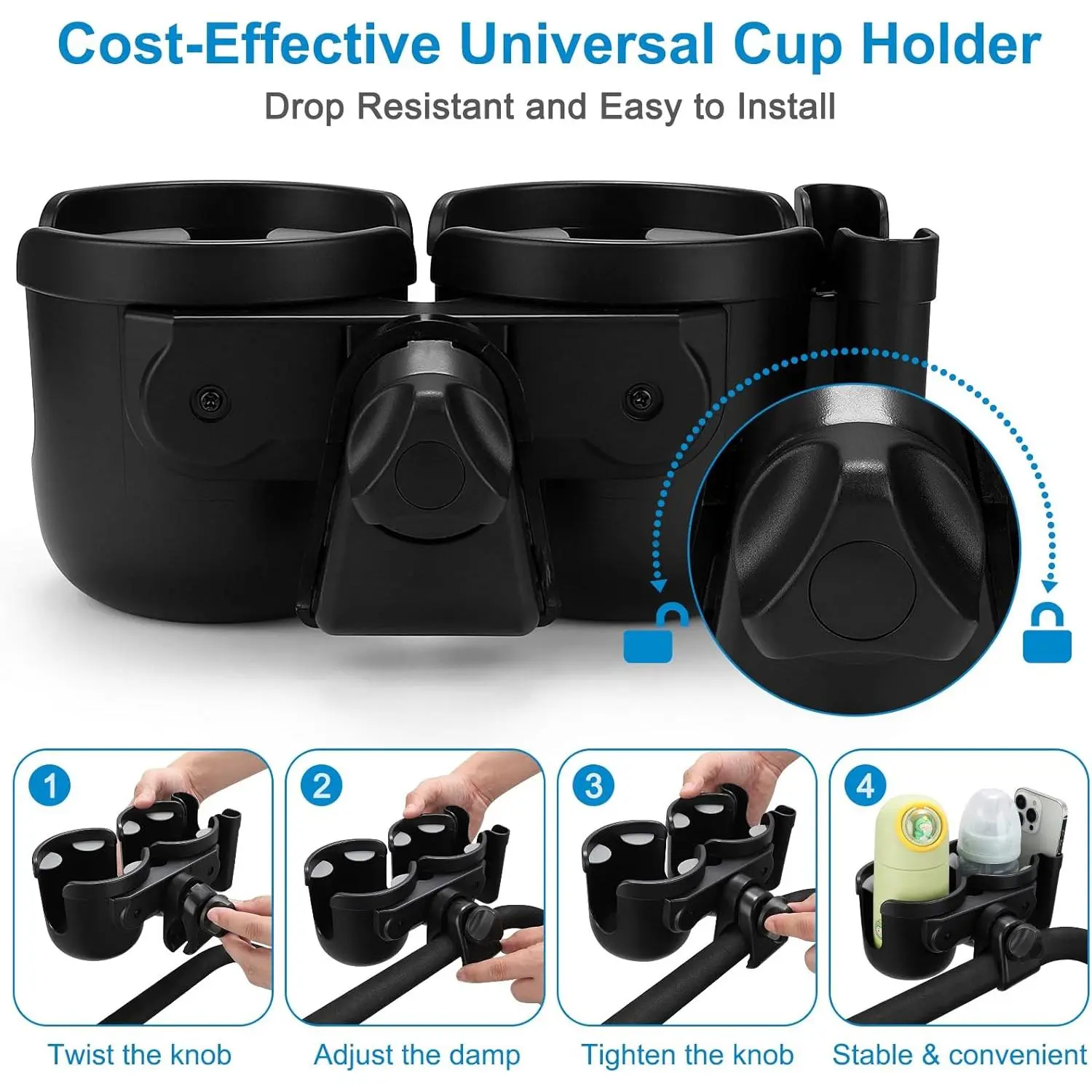 Stroller Cup Holder with Phone Holder, Bike Cup Holder, Universal Cup Holder for Uppababy Nuna Doona Strollers, 2-in-1 Cup Phone Holder for Stroller Bike Wheelchair Walker Accessory Stroller Cup Holder with Phone Holder, Bike Cup Holder, Universal Cup Holder for Uppababy Nuna Doona Strollers, 2-in-1 Cup Phone Holder for Stroller Bike Wheelchair Walker Accessory