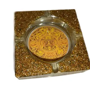 Clear Gold Aztec Calendar Resin Ashtray Handmade with Gold Crushed Glass Pieces Unique Decorative Item
