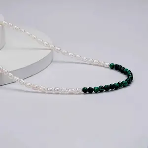 LiushaBay Freshwater culture pearls  S925 Silver freshwater baby pearl malachite Necklace Pearl Size 3-4mm