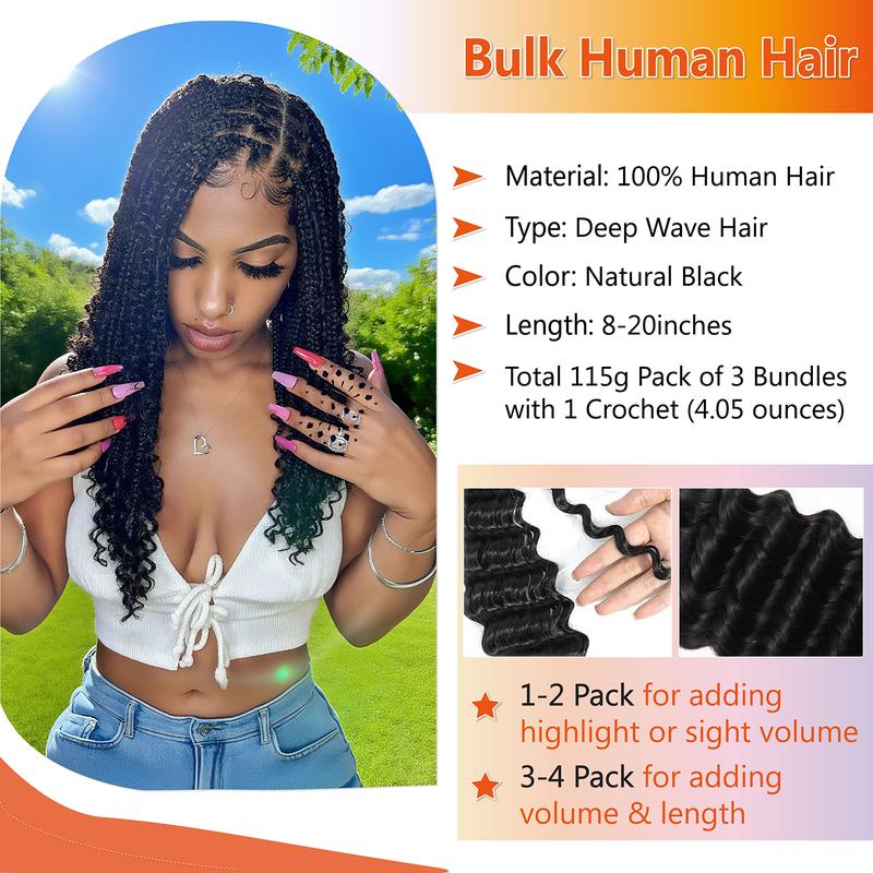 Bohemian Braiding Human Hair, Deep Water Wave Bulk Braiding Hair, 12A Grade Wet & Wavy Curly Human Hair Extensions, 3 Bundles 110g, Natural Color, Weft-Free Design, Unisex Hair Pieces
