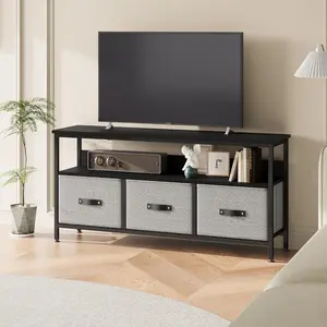 【Christmas Gift】55 Inch TV Stand for Living Room, Dresser-Style TV Stand with 3 Drawers, Compact Entertainment Center with Storage Solutions, TV Console Table for Bedroom, Black Finish with Grey Drawers