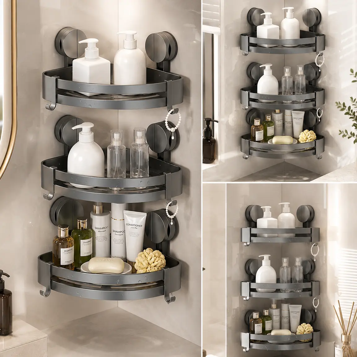 (Note:Check Steps&Wall Compatibility)No-Drill Shower Caddy, Premium Aluminum Bathroom Organizer with Large Suction Cup Design, 1-Touch Installation, Rust-Resistant Water-Draining Wall-Mounted Storage for Tile Walls, Shower Storage, Wall Hanging