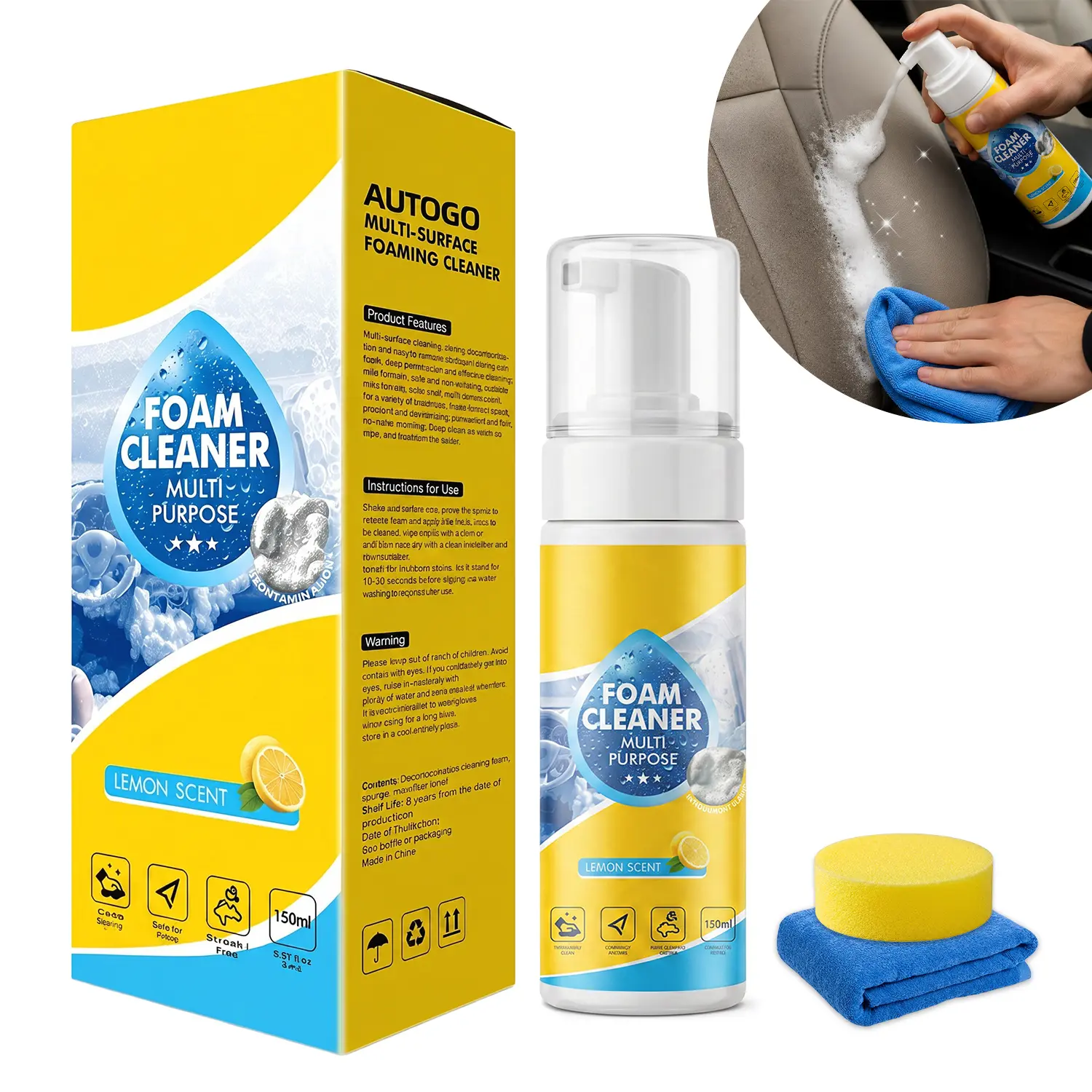 4-in-1 Multi-Enzyme Foam Spray Cleaner, 150ml – Heavy Duty Car & Home Deep Cleaner, Powerful Stain Remover for Car Interior, Sofa, Upholstery & Outdoor Surfaces, Professional Car Detailing & Household Cleaning Spray