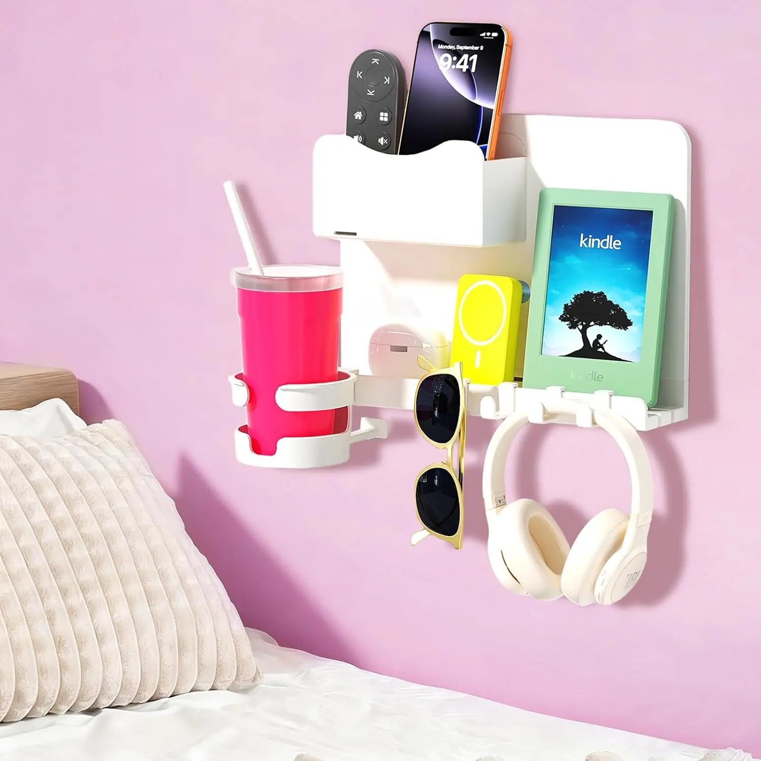 Floating Bedside Shelf, Self-Adhesive Wall Mount Organizer Shelf for Bedroom Storage and Organization, Dorm Room Essentials, Aesthetic Room Decor for Bedroom, Girls Room, White