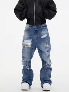 New Men Holes Loose Regular Fit Jeans Trousers Solid Stylish Men's Streetwear Ripped Distressed Straight Denim Pants