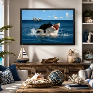 Cat and Shark Unframed Canvas Wall Art Print, Funny Animal Poster for Home Living Room Bedroom Study Room, Cute Cat Decor, Quirky Room Wall Decor, Apt Decor, Aesthetic Design, Modern Minimalist Design, Funny Vintage Sign Style, Canvas Prints abstract