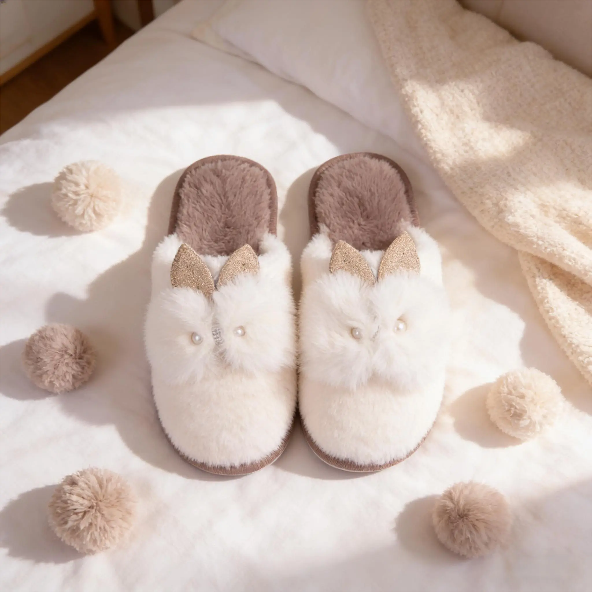 Women's Faux Fur Ears Bunny-Design Soft Slide Slippers, Fur Fabric Home Use Shoes with TPU Features, Cozy Indoor Footwear, Tpu Sole, Bold Ear Design, Slip On, Animal, Bedtime Routine, Cute