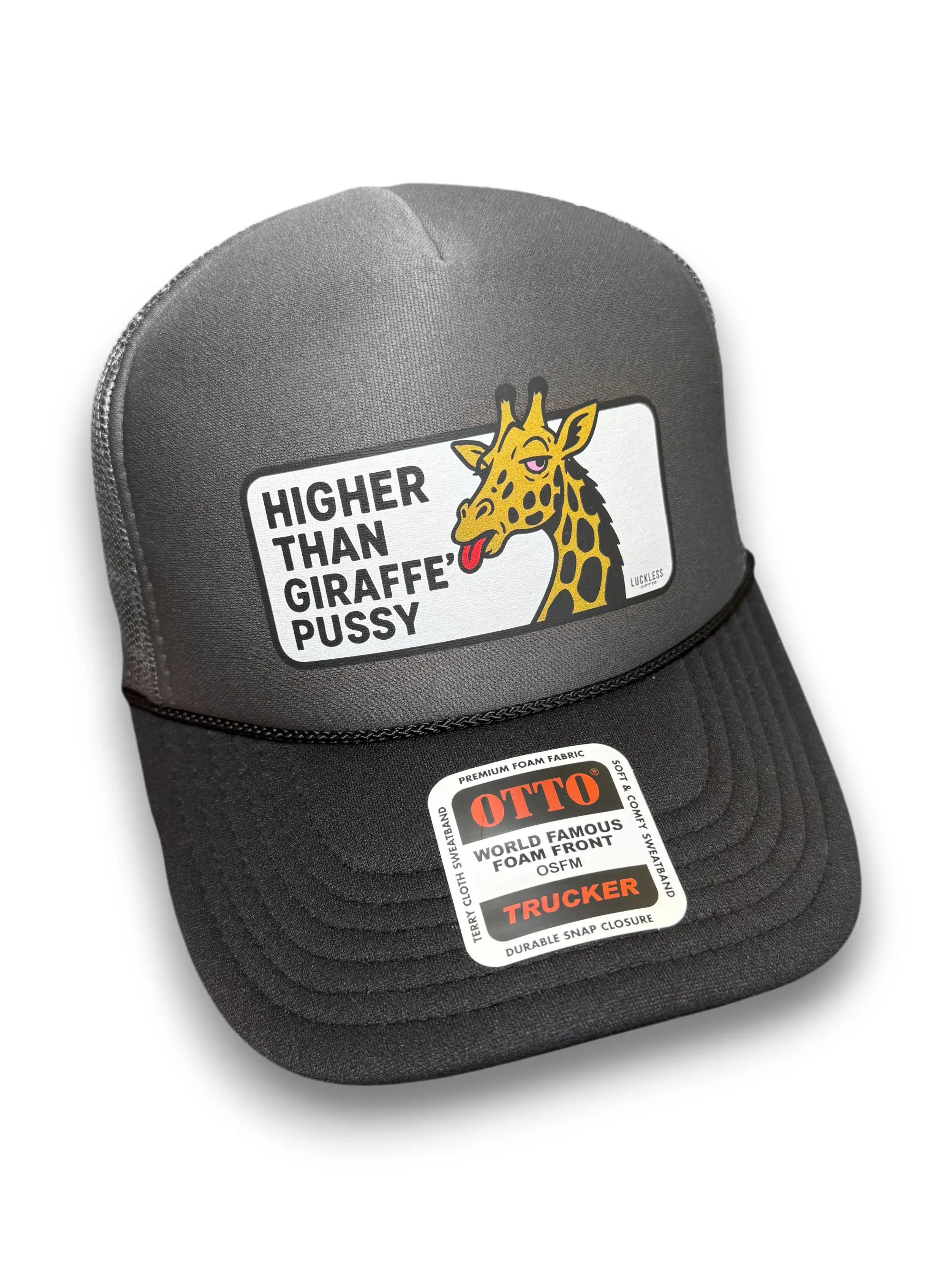 Higher Than Giraffe Pu**y | Funny Foam Adjustable Snapback Gray Trucker Hat by Luckless Outfitters