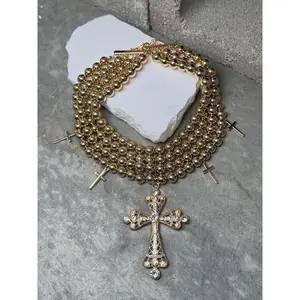 Triple Blessing Beaded Cross Necklace 14" w/ Extender