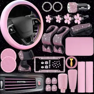 46 Pcs Bling Car Accessories Set for Women Leather Steering Wheel Cover Seat Belt Covers Diamond Rings Sticker Rhinestone Cup Holders USB Adapter Flower Air Vent Clip (Light Pink)