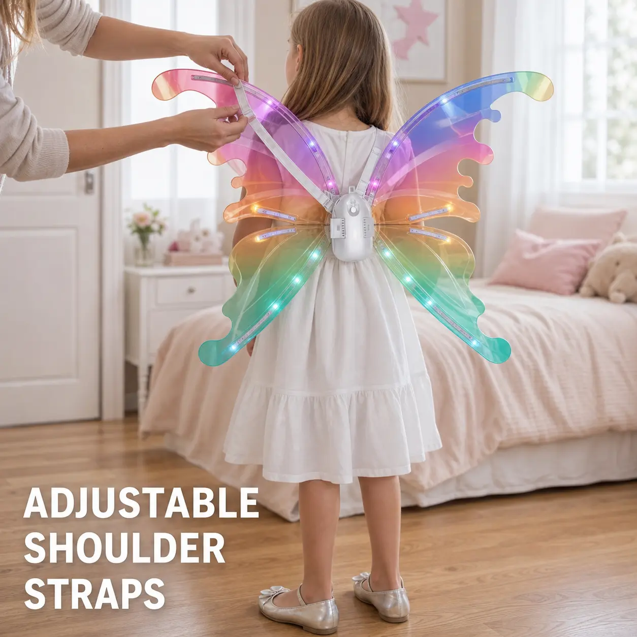 Party Costume Accessories for Girls, Light Up Butterfly Fairy Wings with Electric Flapping, LED Lights and Music, Princess Angel Dress Up Prop for Birthday Parties, Halloween, Cosplay, Stage Shows and Themed Events