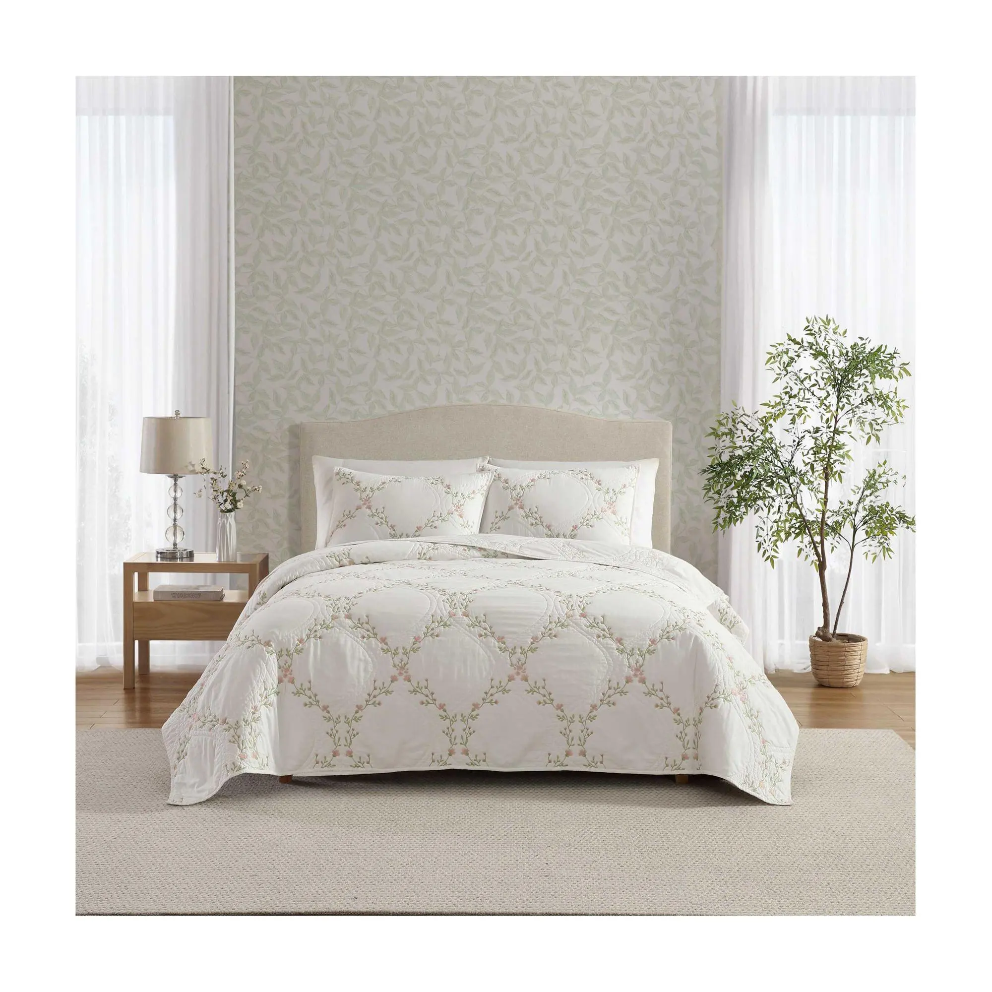 Laura Ashley Floral Embroidery Pink Twin QuiltSham Set