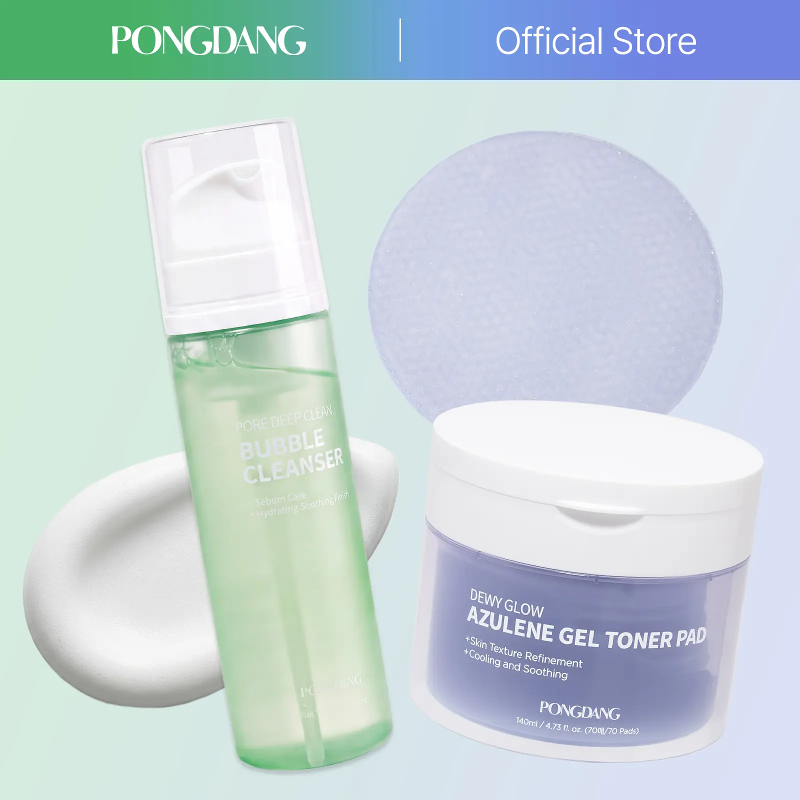[PONGDANG] Fresh Reset Duo: Azulene Gel Toner Pad & Bubble Cleanser | Cooling Calm & Sebum Control | Soothing & Hydrating Routine | Korean Skin Care