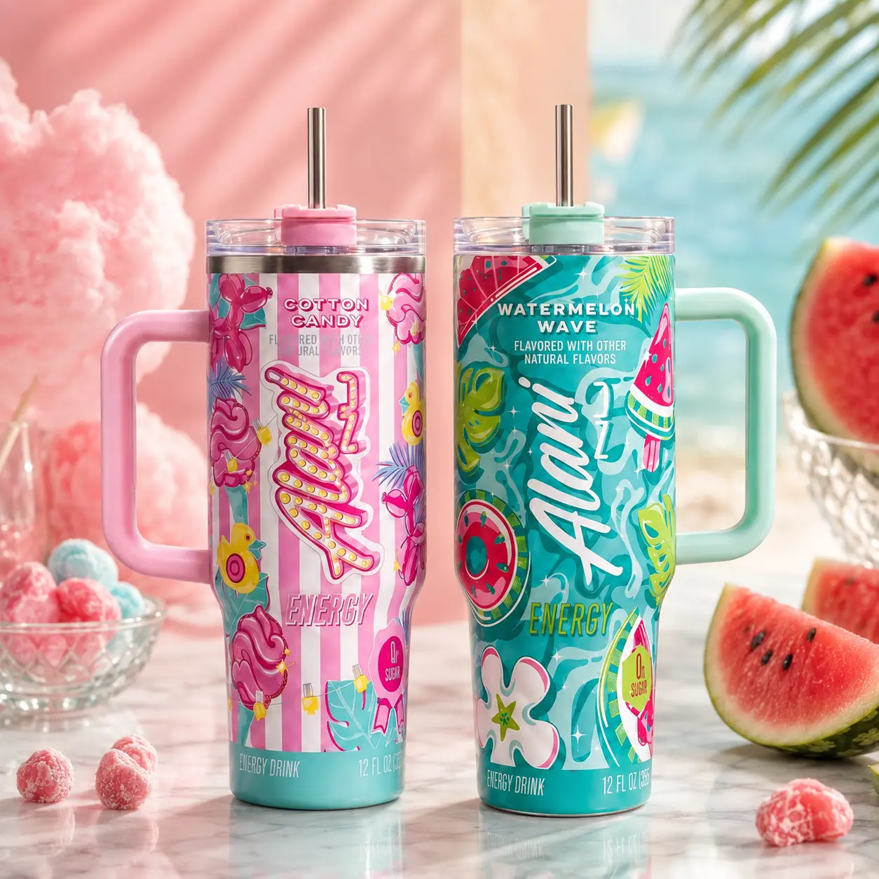 Alani Energy Tumbler with Handle & Straw, Colorful Insulated Travel Cup, Cotton Candy & Watermelon Wave Design