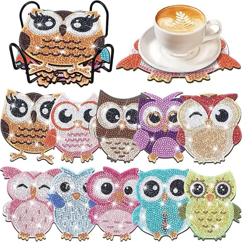 10 pieces/Sets of Diamond Art Painting Kits, Owl-shaped artificial diamond painted coasters, DIY owl diamond painted coasters, owl diamond painted coasters and stands, art and craft products, gifts for beginners, adults (owls), Handicraft