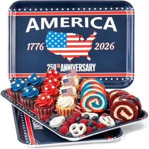 250th Anniversary Patriotic Serving Trays - 3Pcs 4th of July Melamine Platter, Reusable American Flag Patriotic Serving Dish Red White Blue Party Table Decor for Independence Memorial Day Supplies