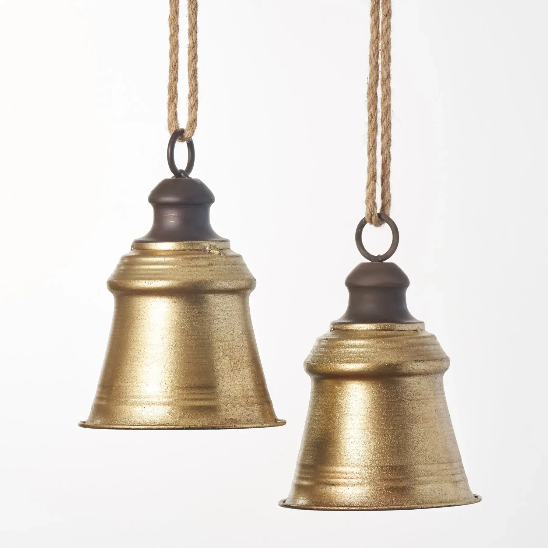 Antique Gold Metal Large Hangable Jute Bell Set (Set of 2) - 2 Size Options, Imported Christmas Ornaments, Handmade Festive Home Decor, Holiday Gift Tree Accent