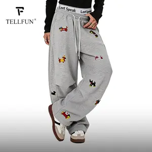 Men's Dog Embroidery Baggy Jogger Pants Loose Fit Barrel Leg Sweatpants with Stretch Fabric and Drawstring Waist Y2K Streetwear Style Casual bottom Wide