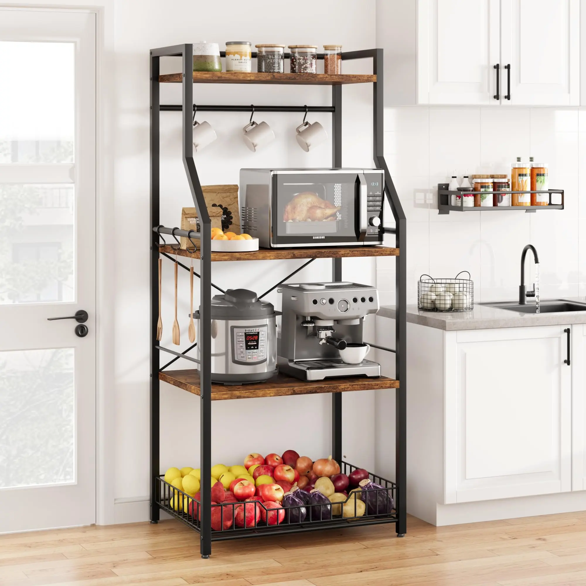 Kitchen Bakers Rack - Microwave Oven Stand with Large Wire Basket, 4-Tier Utility Storage Shelf & 8 Hooks for Spice, Pots Organizer