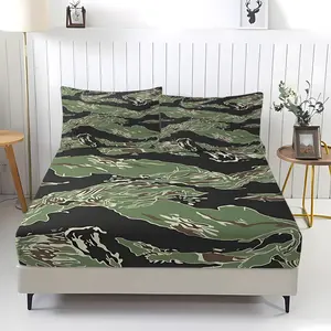Camouflage Tiger Print Fitted Sheet Set, Includes 2 Pillowcases, Breathable Fabric, Modern Style, Perfect for Contemporary Decor