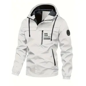 Men'S Casual Waterproof Jacket, Polyester 100% Hooded Long Sleeve Outdoor Trench Coat with Zipper Closure, Alphabet Pattern, Pockets, Loose Fit, Regular Length - Spring New Arrival