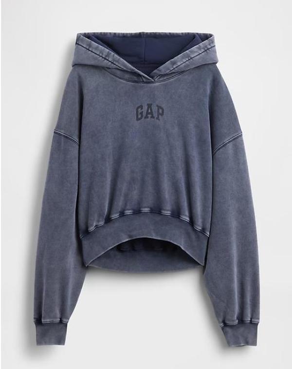 GAP VintageSoft Crop Logo Hoodie - Soft Cotton Blend Fleece, Long Sleeves, Banded Cuffs, Neon Pink Style, Medium Size