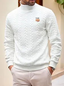 Men's High-Neck Casual Fitted Sweater, Warm Winter Textured Plain Knitwear, European & American Style Large Size Clothing