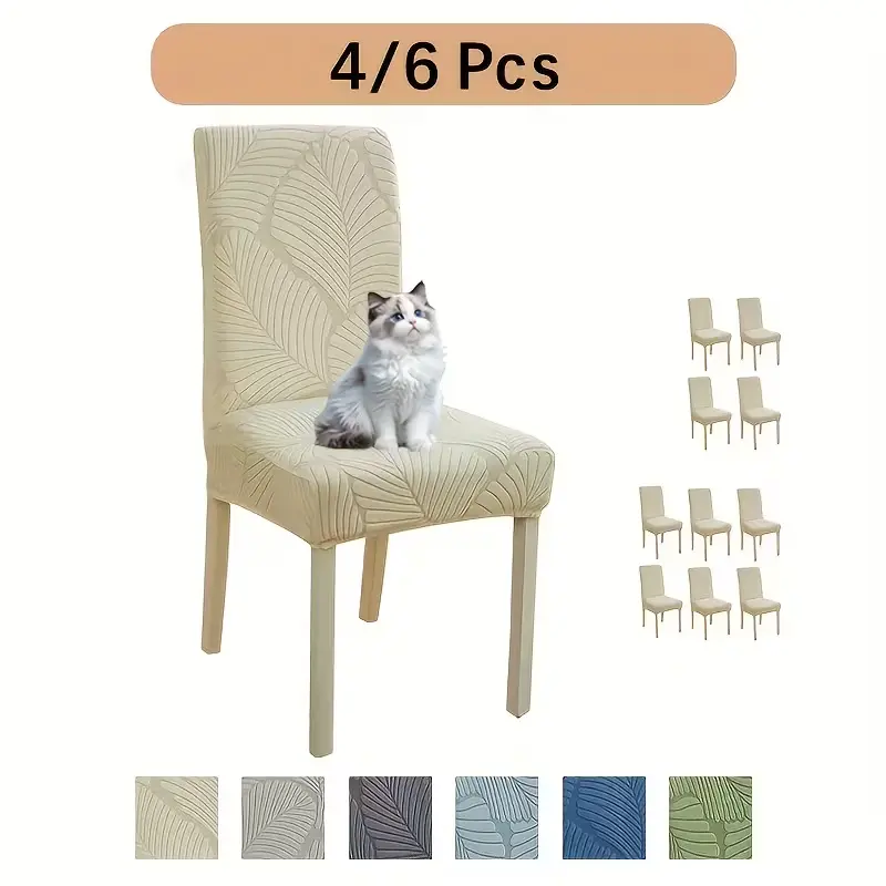Adjustable Elastic Dining Chair Covers Set - 4/6-Piece Solid-Color Jacquard Stretch Slipcovers, Pet-Friendly Removable Washable Kitchen Dining Seat Covers, Matching Set Elastic Fabric Slipcovers, Adjustable Elastic Dining Chair Slipcovers, Elastic Fabric