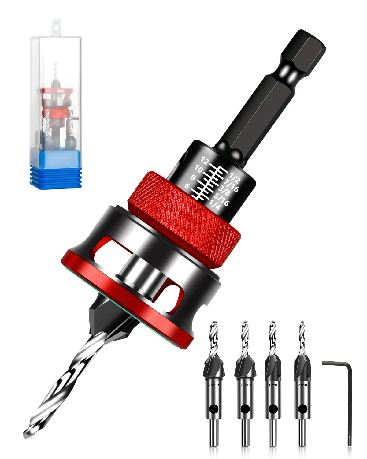 Workshop Essential 4-Flute HCS Steel Countersink Drill Bit Set - Adjustable Depth Stop Collar, Depth Control Auto-Stop, 4 Sizes, Hex Shank for Wood, Plywood, Plastic/MDF Precision Drilling