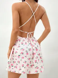 SHEIN PETITE Floral Printed Cross Lace-Up Backless Cami Dress, Summer