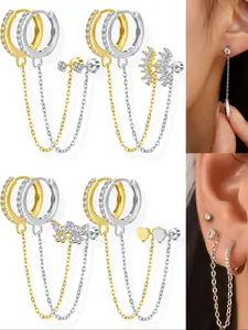 Stainless Steel Zircon Chain Earrings, Soft Ear Bone Studs with Cz Rhinestones, Cartilage Piercing Jewelry, Ear Cuffs, Unisex Body Accessories