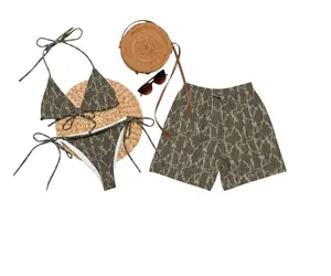 Bark Camo Matching Couple Swimsuit - Women's 2-Piece Tie-Side Bikini & Men's Drawstring Shorts | Trendy Nature-Inspired Beach Apparel 2026