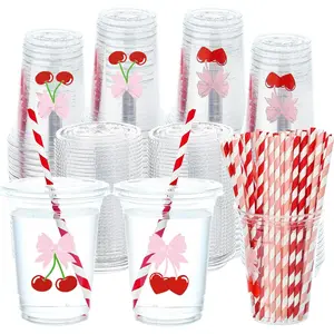 50 Pcs 16 oz Pink Bow Cherry Cups with Lids and Bow Cherry Supplies Disposable Cups for Bridal Baby Shower Birthday Wedding Supplies