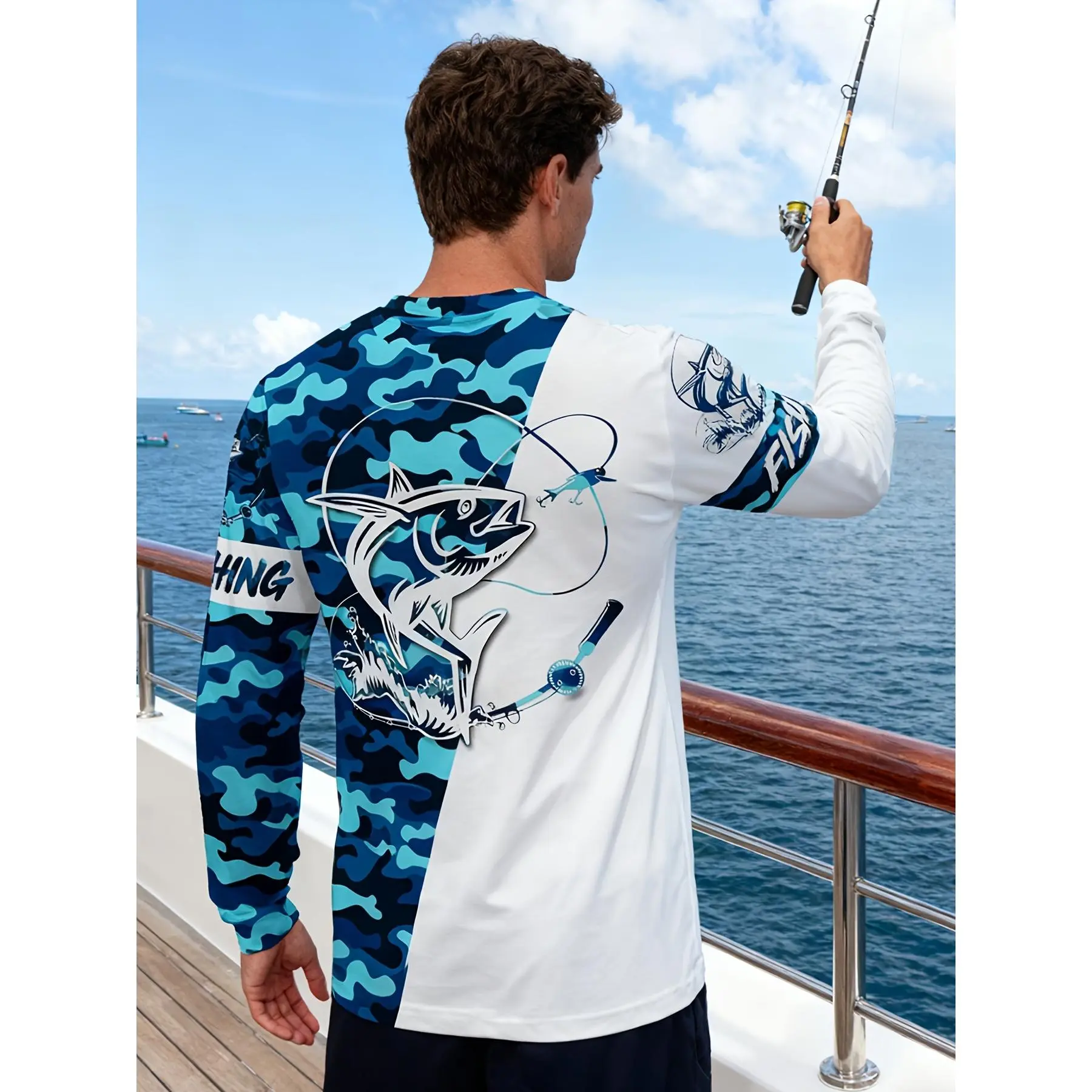 Male Long-Sleeve Fishing Shirt - Breathable Quick-Dry Professional Sports Clothing for Fishing, Sailing, Going Out - 92% Polyester Fiber, 8% Spandex, Elastane Summer Jersey, Digital Printing, S, Regular Fit, Spandex Blend, Machine Washable, Geometric Prin