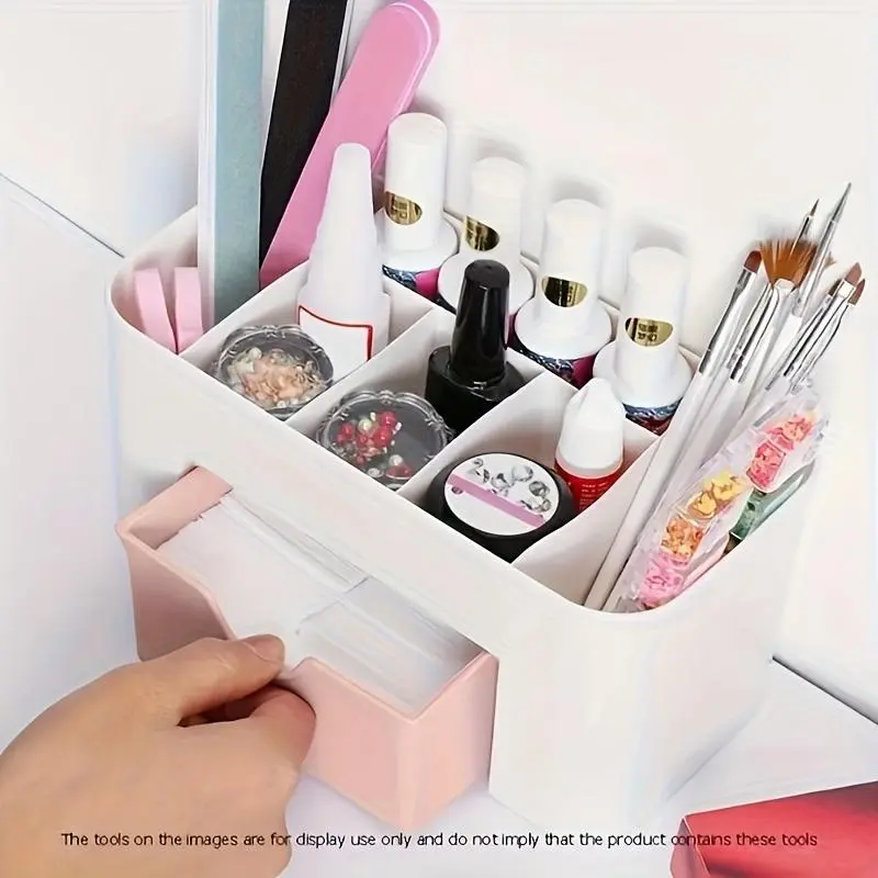 Nail Polish Organizer Storage Container with Multiple Compartments & Cleaning Pad - Portable Nail Art Tools Holder for Gel Polish Removal, Odor-Free Durable Plastic, Travel-Friendly Design for Home or Salon Use, Divided Compartments