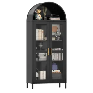Aobabo 73"H Metal Arched Cabinet, Kitchen Pantry Cabinet with Glass Door, Modern Farmhouse Arched Bookcase with 2 Adjustable Shelves for Dining Room and Living Room, Black, Assembly Required