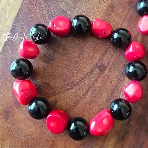 Customizable Red Coral & Onyx Beaded Bracelet - 12mm Round Beads