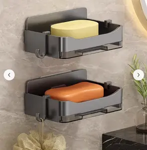 Wall-Mounted Soap Dish with 2 Soap Trays and Chain Hook - Durable Plastic Bathroom Organizer, Space-Saving Modern Design, Suitable for Shower or Sink Area, Bathroom Organization and