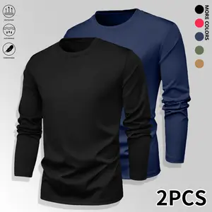 Men’s 2-piece set: solid-color crew neck long-sleeve quick-dry, moisture-wicking, sun-protective sportswear; casual fitness and outdoor activity tops; fitness apparel for everyday wear; breathable men’s sports shirt fabric.