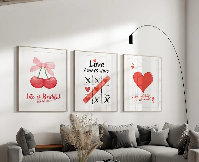 Set of 3 Stylish Wall Art, Girl Room Wall Art, Trendy Ace Card Poster,Cherry Bows Wall Art, Preppery Room Decor, Love Print