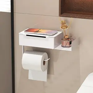 Bathroom toilet paper holder with shelves, Bathroom Organizer - Self-adhesive wall-mounted toilet paper roll dispenser, no drilling required for installation, can store wet wipes and mobile phones, as well as home decorations.