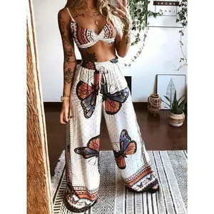 Two-piece Set, Backless Crop Halter Top & Wide Leg Pants, Sexy Butterfly Print Women's Clothing Outfits Fabric Spandex Black Suits Womenswear Knit Polyester Short Pocket