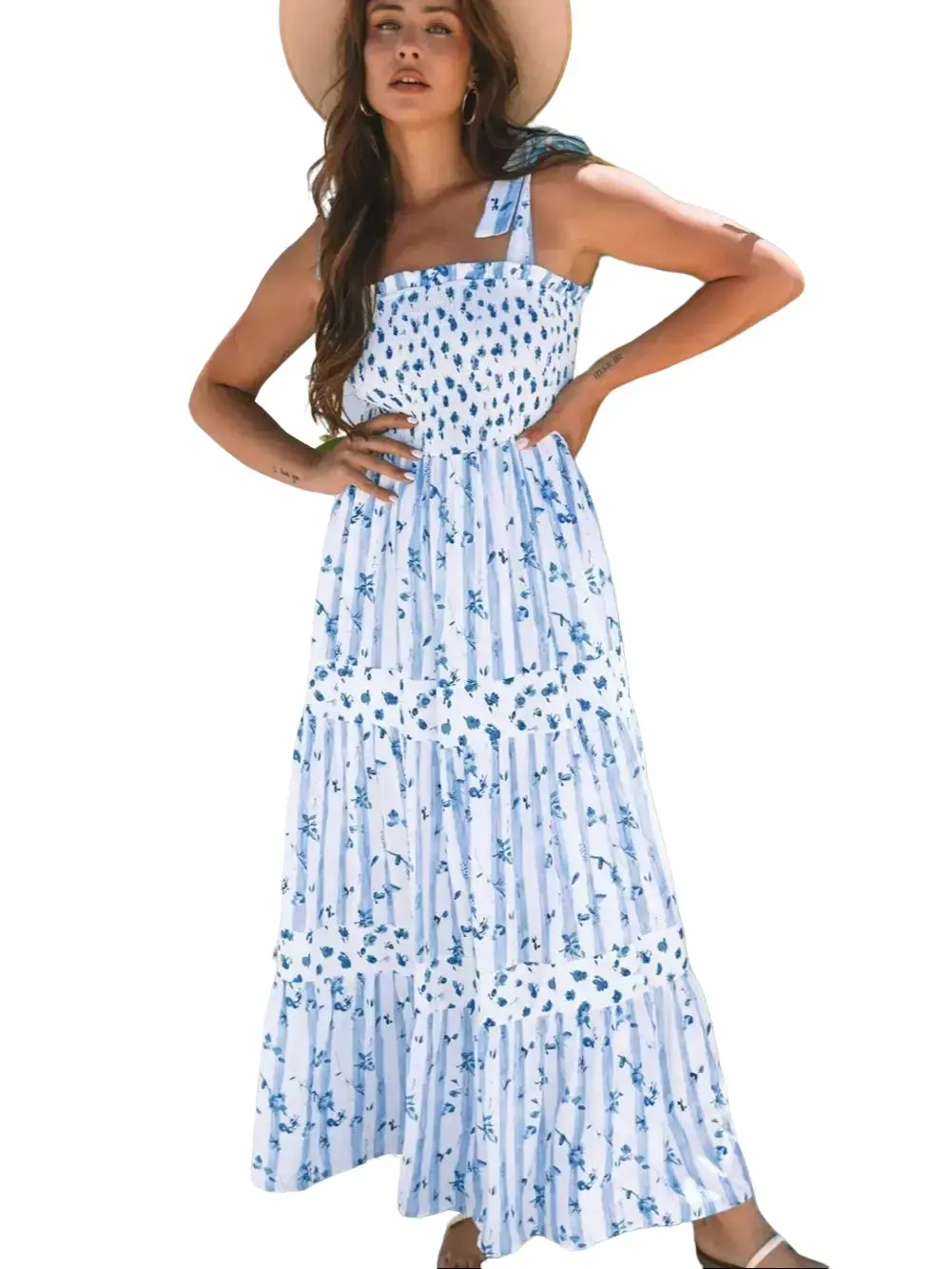 Women's Smocked Floral Maxi Dress Tie Strap Square Neck Sleeveless Tiered Ruffle Hem Summer Casual Long Beach Dress Sky Blue