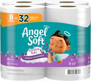 Angel Soft Toilet Paper with Fresh Lavender Scented Tube - 8 Mega Rolls of 32 Regular Rolls, Soft and Strong Toilet Tissue - Kitchen, Wipes