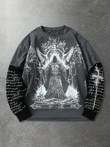 Unisex Dark Death Skull Two-Piece Long Sleeve T-Shirt, Gothic Metal High Street Style Loose Patchwork Top, Autumn Winter Streetwear Trend