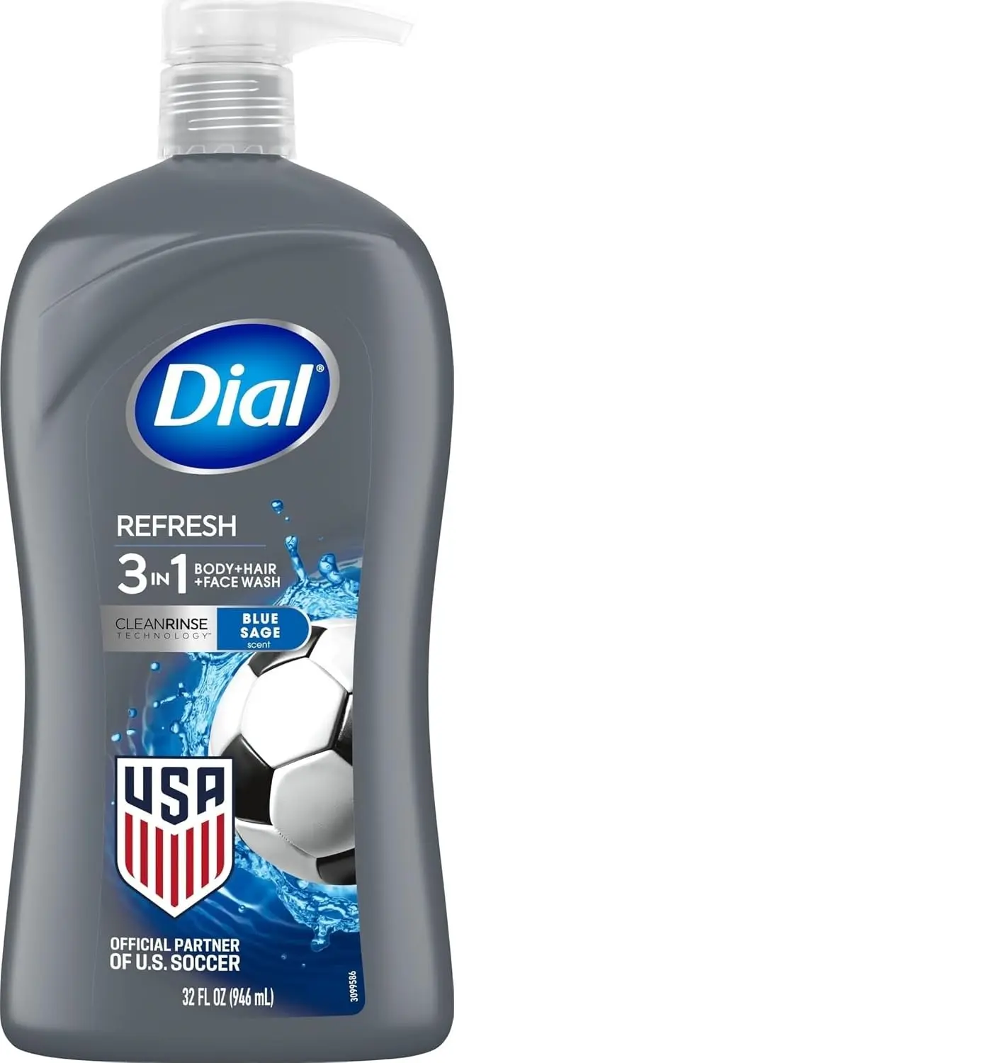 Dial Men 3-in-1 Body, Hair & Face Cleanser Wash - Refresh, 32 Fl Oz Blue Sage Scent, Deep Cleansing, Gentle on Skin, Clean Rinse Tech, Moisturizing, Daily Use, Rich Lather, Easy-Use Bottle